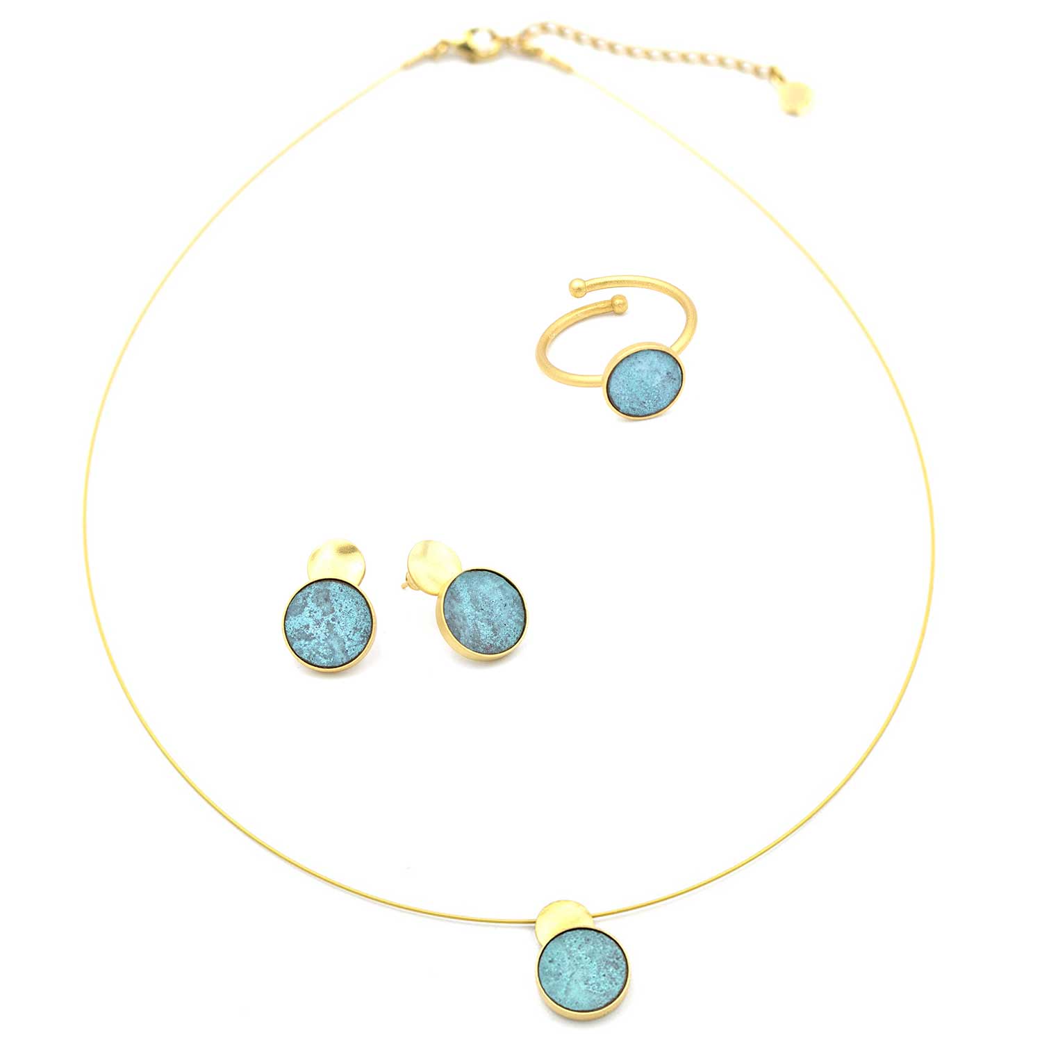 Schmuckset Kette, Ring & Ohrringe  | vergoldet | 03 Patina Türkis