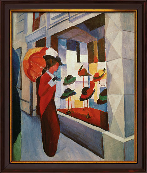 Gemälde "Frau mit Sonnenschirm vor einem Hutladen" (1914), gerahmt - August Macke