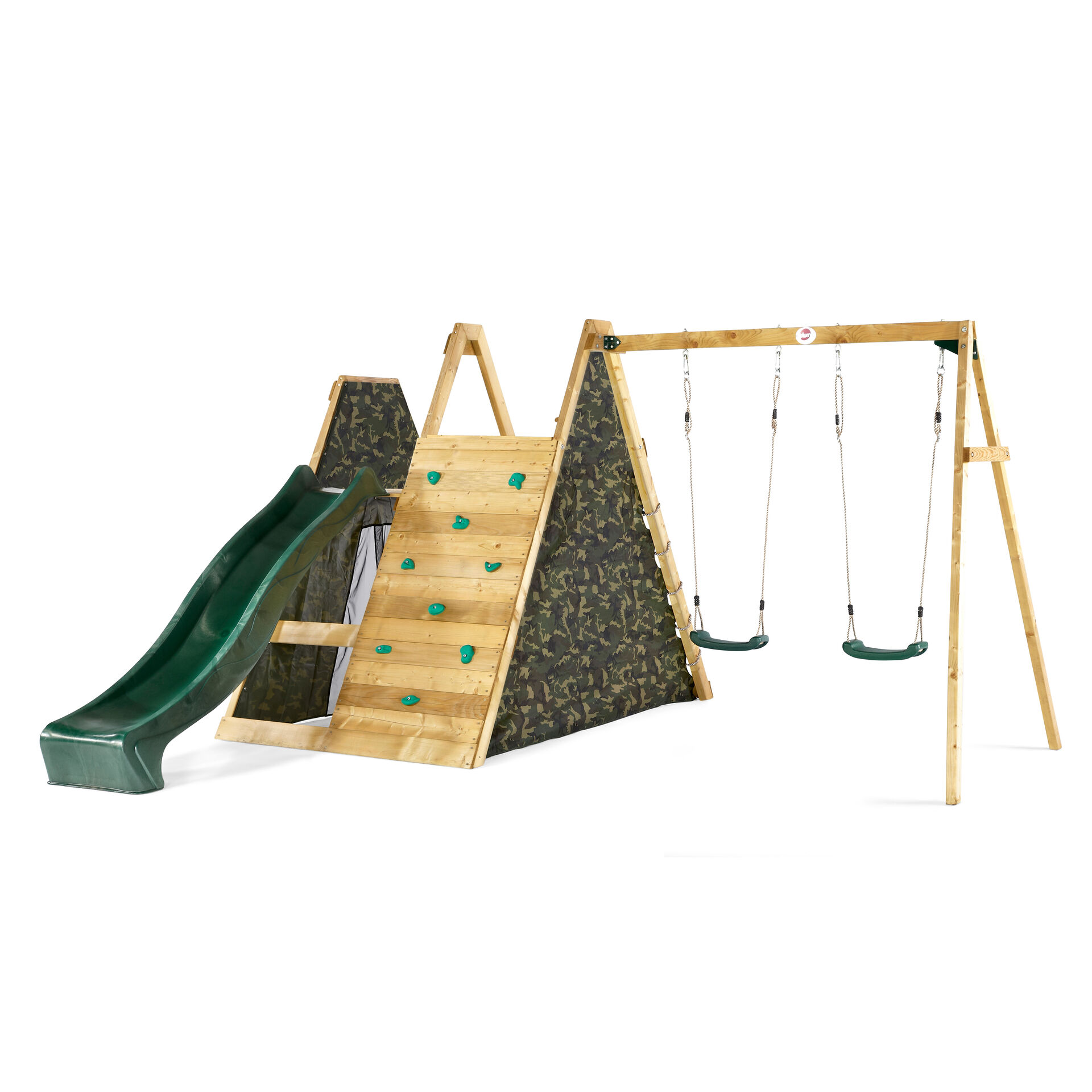 Spielgerüst mit Doppelschaukel – Kletterpyramide